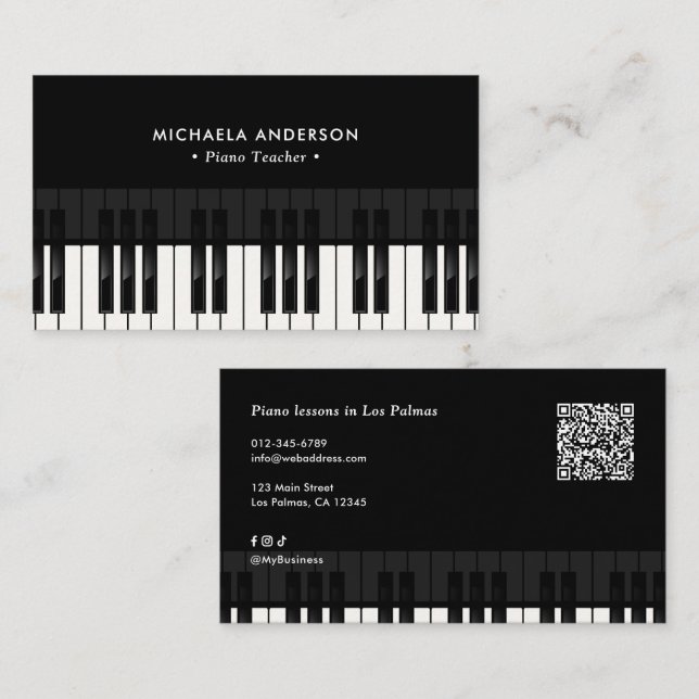Professional Piano Teacher QR Code & Social Media Visitenkarte (Vorne/Hinten)