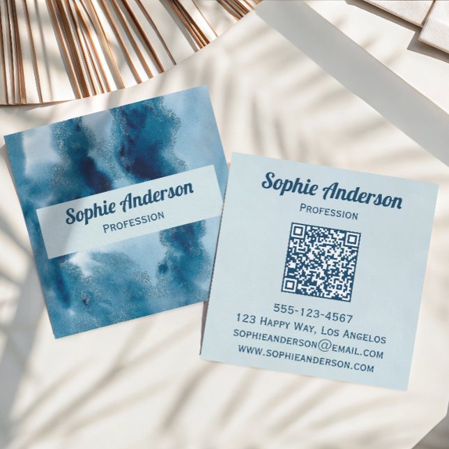 Professionelle Blaue Wasserfarbe-Geode-QR-Code Vis Quadratische Visitenkarte (Von Creator hochgeladen)