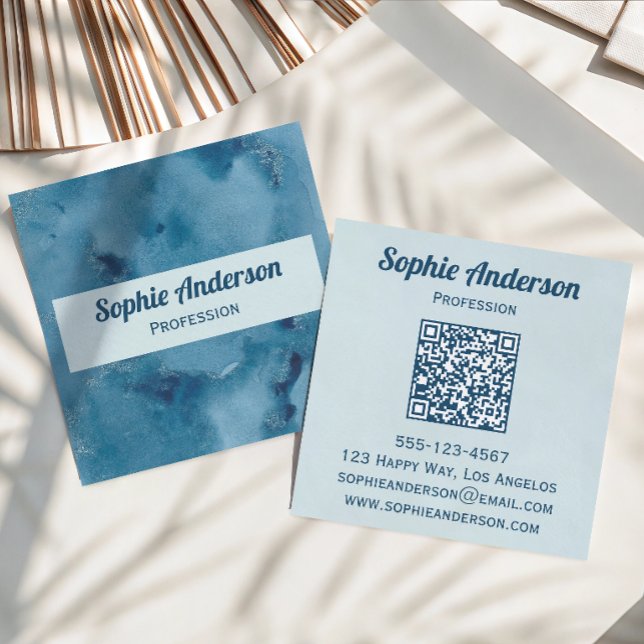 Professionelle Blaue Wasserfarbe-Geode-QR-Code Vis Quadratische Visitenkarte (Von Creator hochgeladen)