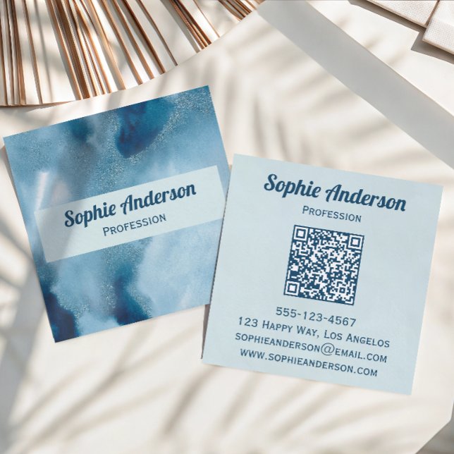 Professionelle Blaue Wasserfarbe-Geode-QR-Code Vis Quadratische Visitenkarte (Von Creator hochgeladen)