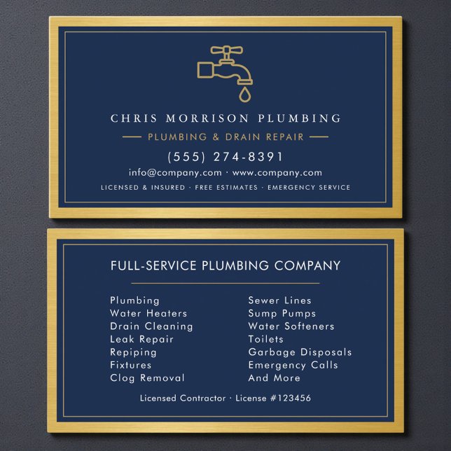 Professionelle Klempner Navy Blau Gold QR-Code Visitenkarte (Von Creator hochgeladen)