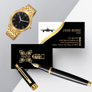 Professionelle QR-Code Schwarz Gold Pilot Minimali Visitenkarte