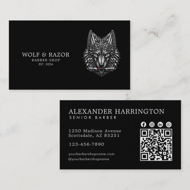 Professioneller Friseursalon Silver Wolf Qr Code Visitenkarte (Vorne/Hinten)