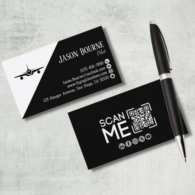 Professioneller QR-Code Luftfahrt Pilot Schwarz-We Visitenkarte (Von Creator hochgeladen)