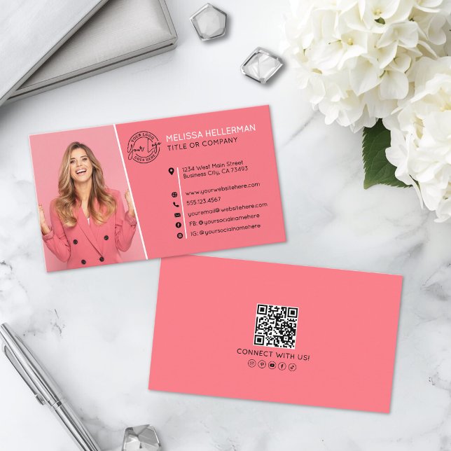 Professioneller rosa QR-Code-Foto Ihr Logo Visitenkarte (Professional Pink QR Code Photo Your Logo Business Card)