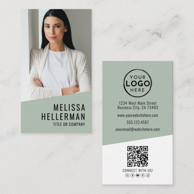 Professionelles Foto-QR-Code-Logo Grün Vertikal Visitenkarte (Vorne/Hinten)