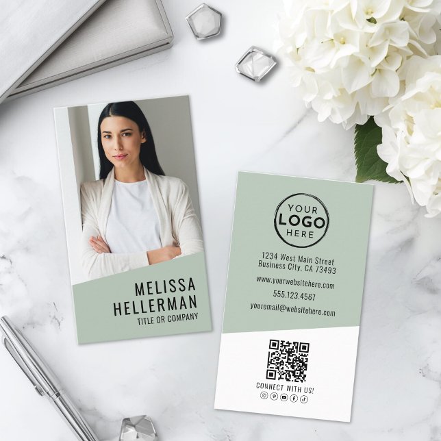 Professionelles Foto-QR-Code-Logo Grün Vertikal Visitenkarte (Professional Photo QR Code Logo Green Vertical Business Card)