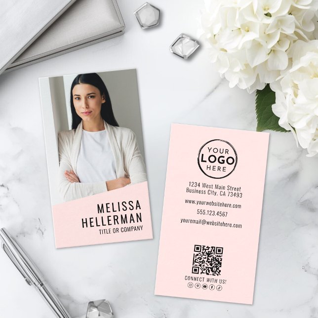 Professionelles Foto QR-Code Logo Rosa Hauch Visitenkarte (Professional Photo QR Code Logo Blush Pink Business Card )
