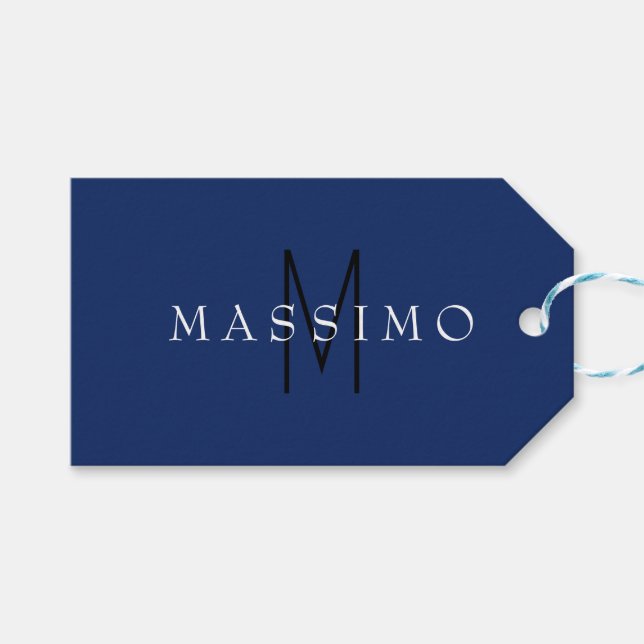 Professionelles schwarzes Monogramm Blau Ihr Name Geschenkanhänger (Vorderseite (Horizontal))