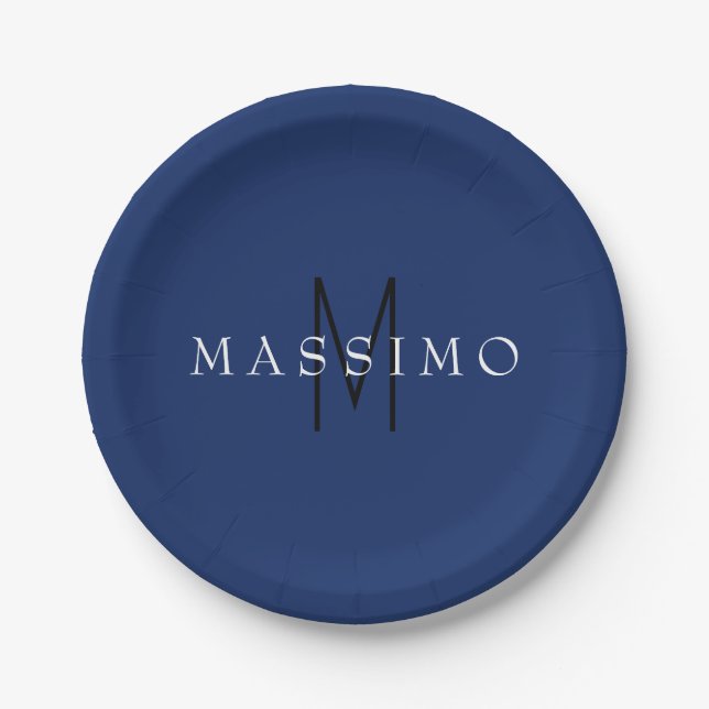 Professionelles schwarzes Monogramm Blau Ihr Name Pappteller (Vorderseite)