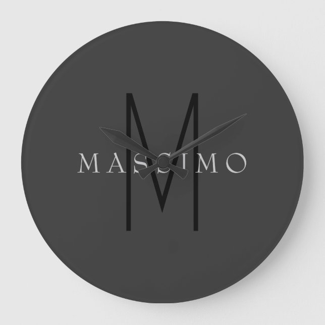Professionelles schwarzes Monogramm grau Ihr Name Große Wanduhr (Vorderseite)