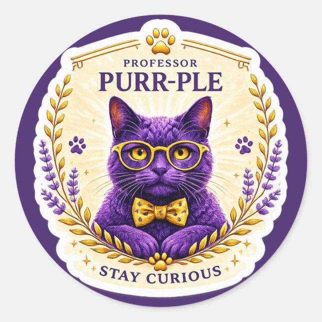 Professor Purr-Ple™ – Bleib neugierig Aufkleber (Vorderseite)