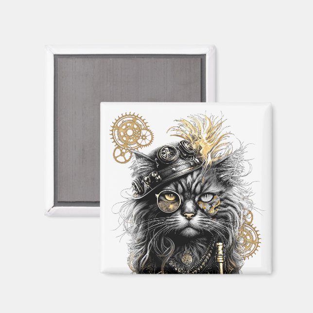 Professor Sprocket-Paws, die funky Steampunk-Katze Magnet (Vorderseite/Rückseite)