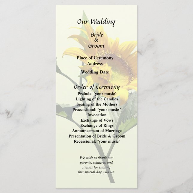 Profil eines Hochzeitsprogramms für Sonnenblumen Programm (Vorderseite)