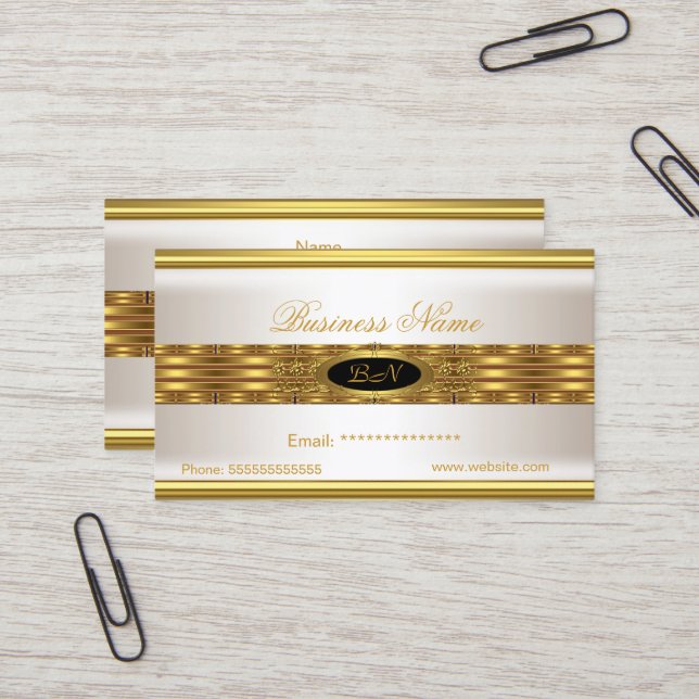 Profile Business Creme Gold Monogram Black Visitenkarte (Vorderseite/Rückseite Beispiel)