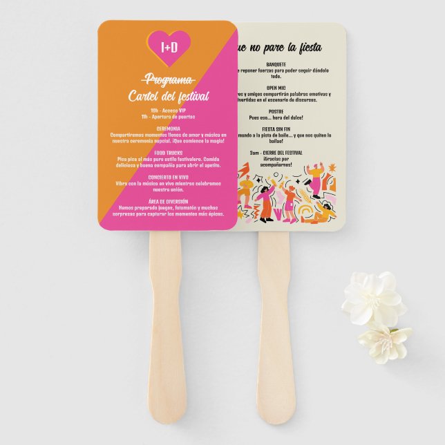 Programa Divertido Boda Festivalera Naranja y Rosa Fächer (Vorne und Hinten)