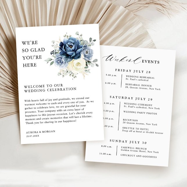 Programm "Dusty Blue Ivory Floral Weekend Events" (Dusty Blue Ivory Floral Weekend Events Budget  Wedding Program card)