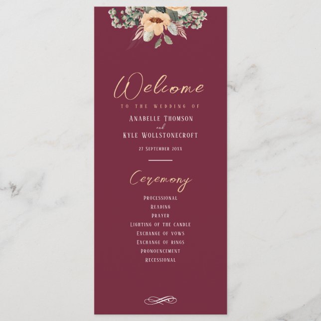 Programm - Elegante Bordeaux, Hochzeit (Vorderseite)