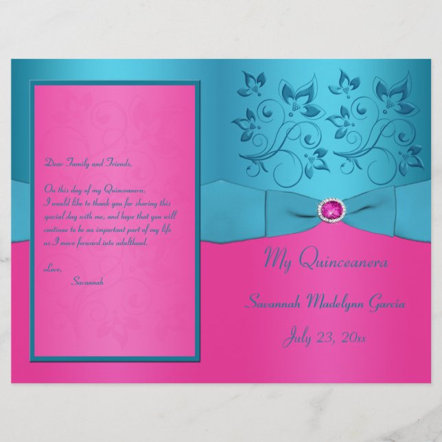 Programm Fuchsien und Turquoise Floral Quinceanera (Vorderseite)