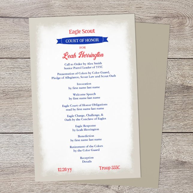 Programm für das Rote, Weiße, Blaue Ehrengericht Flyer (patriotic red white blue beige eagle scout court of honor ceremony program)