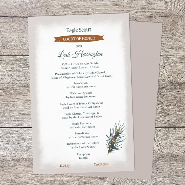 Programm für die Ehrengerichtszeremonie des Teal,  Flyer (winter pine needles, teal green, copper brown eagle scout court of honor ceremony program)