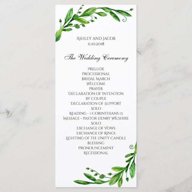 Programm für grüne Zeremonie. Hochzeit im Garten.  (Vorderseite)