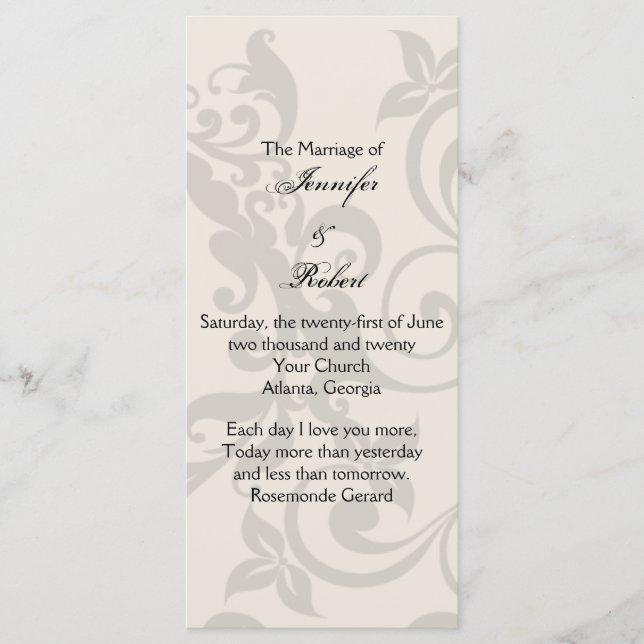 Programm für Holzkohle und Ivory-Filigree-Hochzeit (Vorderseite)