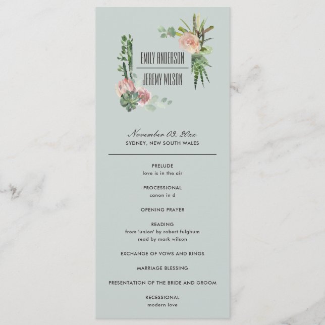 PROGRAMM "GRAY PINK FLORAL CACTI WEDDING CEREMONON (Vorderseite)