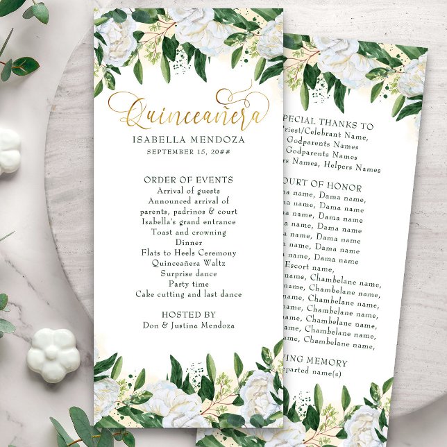 Programm "Green and White Peony Floral Quinceanera (Quinceanera program and order of events from my Emerald Greenery & White Peony collection)