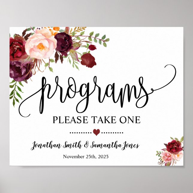 Programm Hochzeitszeremonie Boho Marsala Blumen Poster (Vorne)