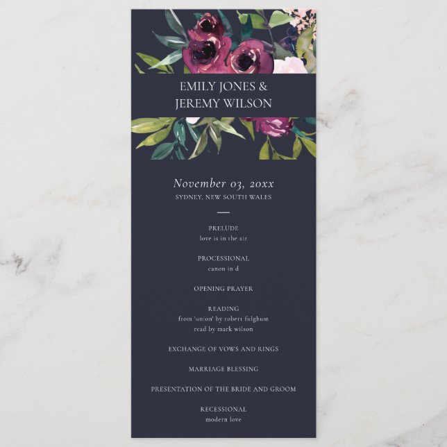 PROGRAMM "NAVY BLUSH BURGUNDY FLORA WEDDING CEREMO (Vorderseite)