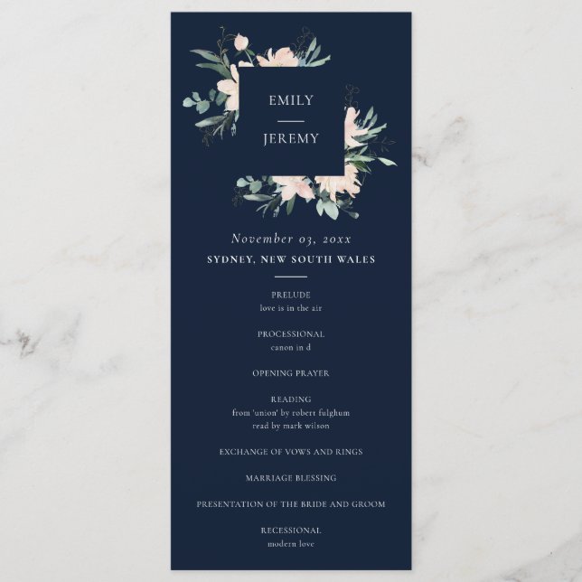PROGRAMM "NAVY BLUSH GOLD FLORAL WEDDING CEREMONY" (Vorderseite)