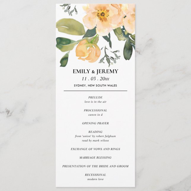 PROGRAMM PEACH GRAY PEONY FLORAL WATERCOLOR WEDDIN (Vorderseite)