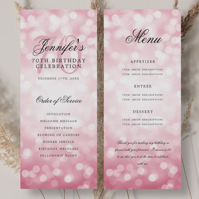 Programm zum 70. Geburtstag Blush Pink Bokeh Menü (70th Birthday Program Blush Pink Bokeh Menu)