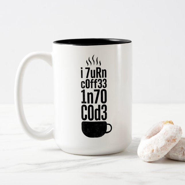 Programmierer Humor – Kaffee wird zu Code Zweifarbige Tasse (Mit Donut)