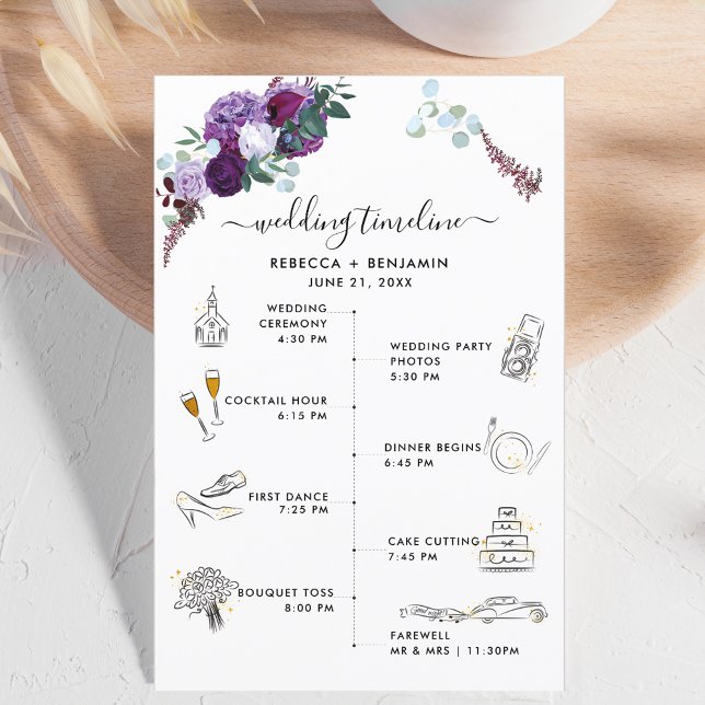 Programmkarte für lila Blumenzwiebelsymbolen (Purple Floral Wedding Program Itinerary)