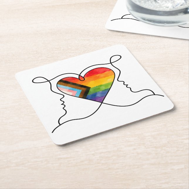 Progress Pride Herz Linienkunst Rechteckiger Pappuntersetzer (angewinkelt)