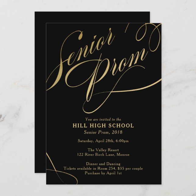 Prom-Einladung, Schwarzes & Gold-Script Senior Pro Einladung (Vorne/Hinten)