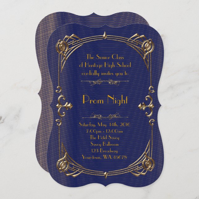Prom Night Empire Stil, geschmolzenes Gold, Marine Einladung (Vorne/Hinten)