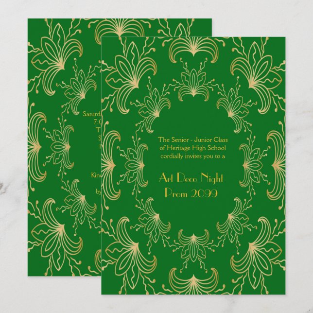 Prom Senior, Art Deco, Blume Stilvoll, smaragdfarb Einladung (Vorne/Hinten)