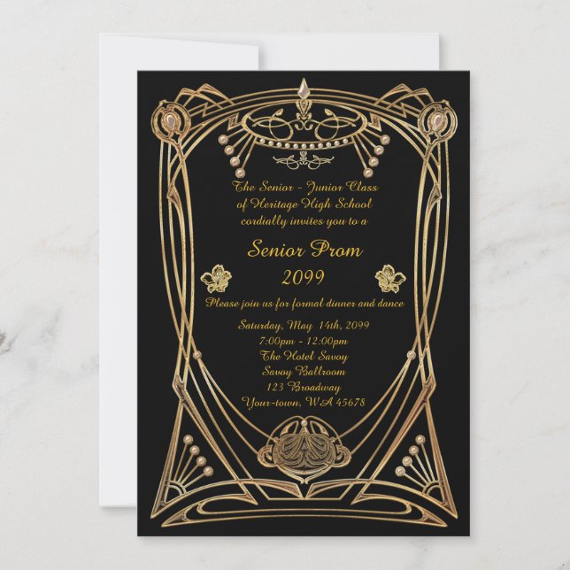 Prom Senior, Gatsby style, black & gold, monogramm Einladung (Vorderseite)