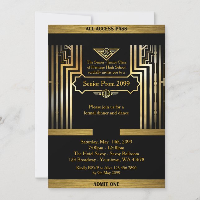 Prom Senior, Gatsby style, black & gold, monogramm Einladung (Vorderseite)