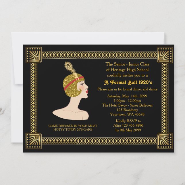 Prom Senior, Gatsby style, black & gold, monogramm Einladung (Vorderseite)