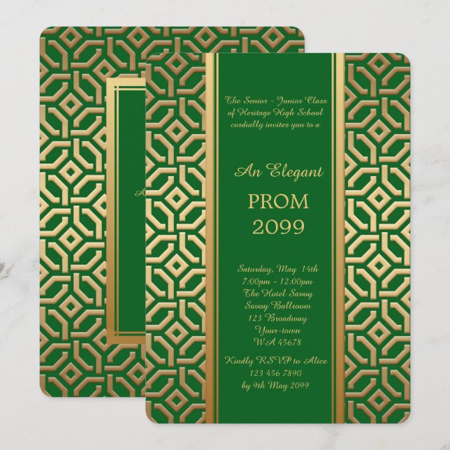 Prom Senior Junior, Black Gold Geometric Emerald Einladung (Vorne/Hinten)