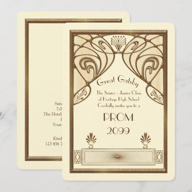 Prom Senior-Junior, Great Gatsby, Gold, Elfenbein Einladung (Vorne/Hinten)
