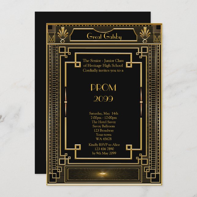 Prom Senior Junior, Great Gatsby, Gold, schwarz Einladung (Vorne/Hinten)