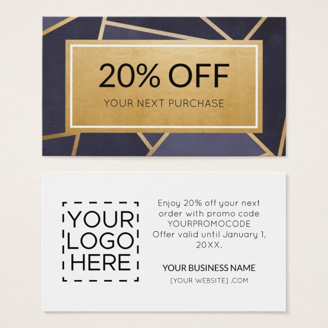 Promo Code Modern Navy Blue Gold Discount Cards (Vorne & Hinten)
