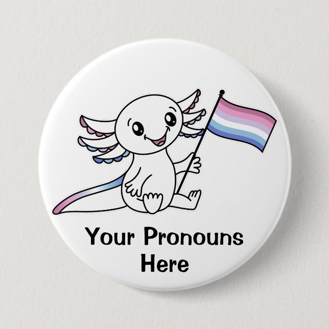 PRONOTIERT Niedliche Axolotline mit Bigender-Pride Button (Vorderseite)