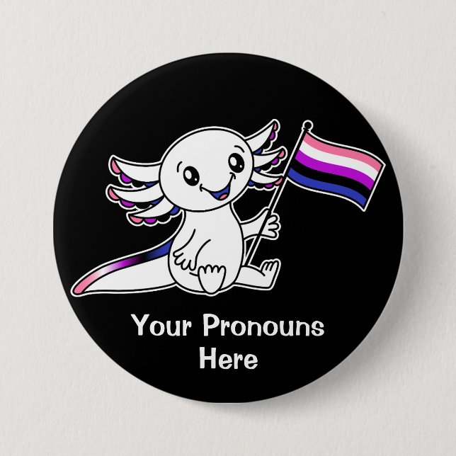 PRONOTIERT Niedliches Axolotl mit dem Flag Genderf Button (Vorderseite)