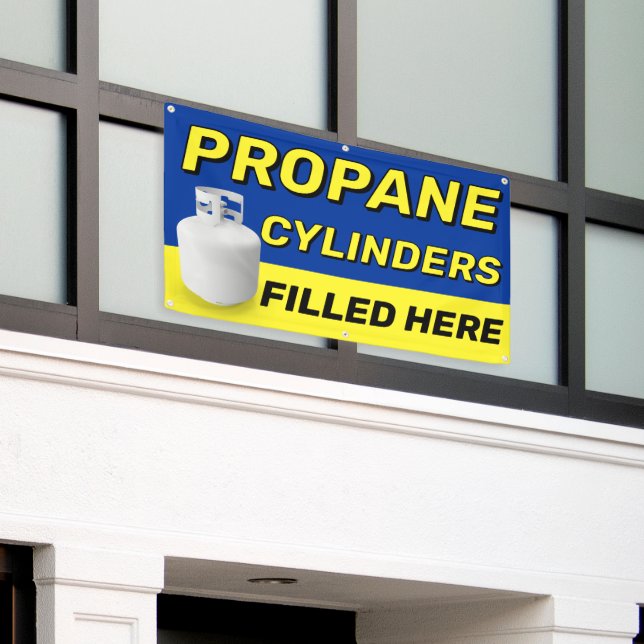 Propanzylinflaschen, hier Werbung ausgefüllt Banner (Äußeres Gebäude)